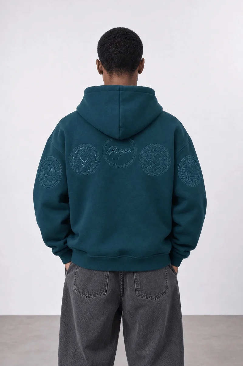 Men's Emerald Oversized Hoodie with Rosette Embroidery