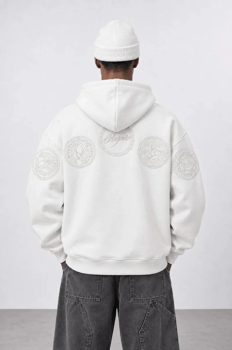 Men's Ecru Oversized Hoodie with Rosette Embroidery