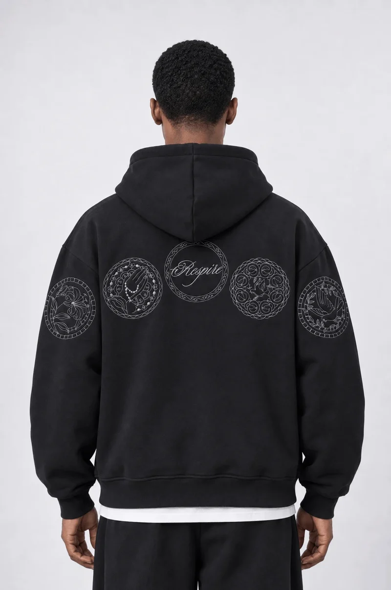 Men's Black Oversized Hoodie with Rosette Embroidery