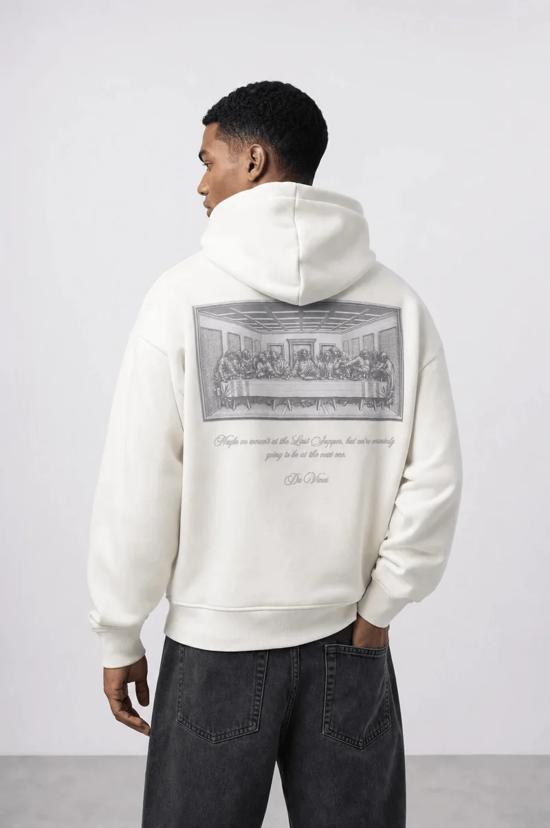 Men's Ecru Oversized Hoodie with Da Vinci Print Detail