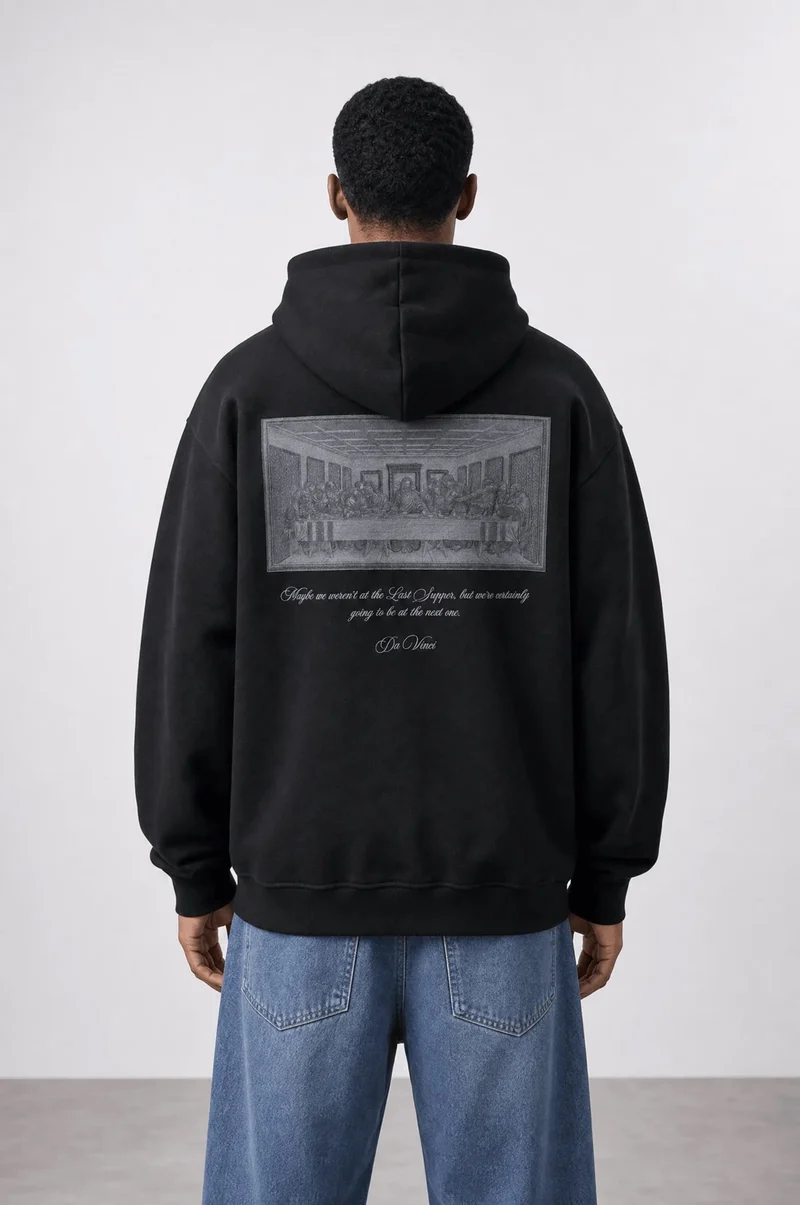 Men's Black Oversized Hoodie with Da Vinci Print Detail