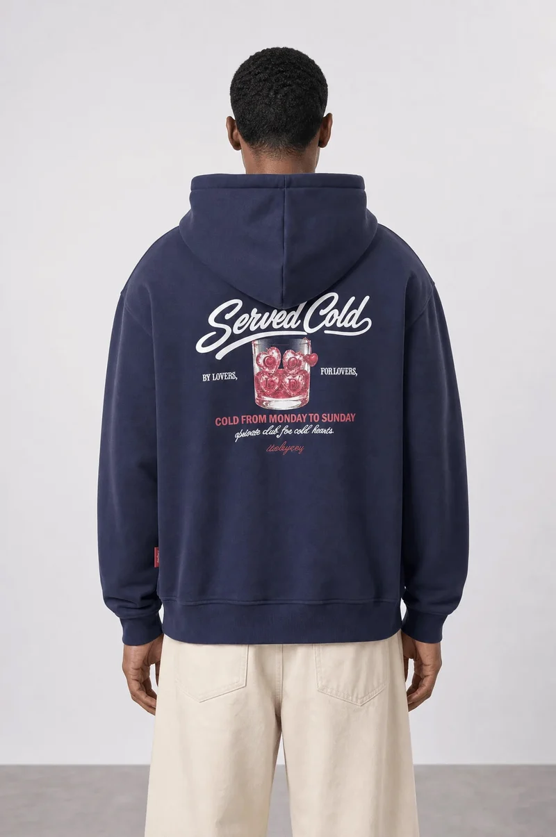Men's Navy Blue Oversized Hoodie with "Served Cold" Print