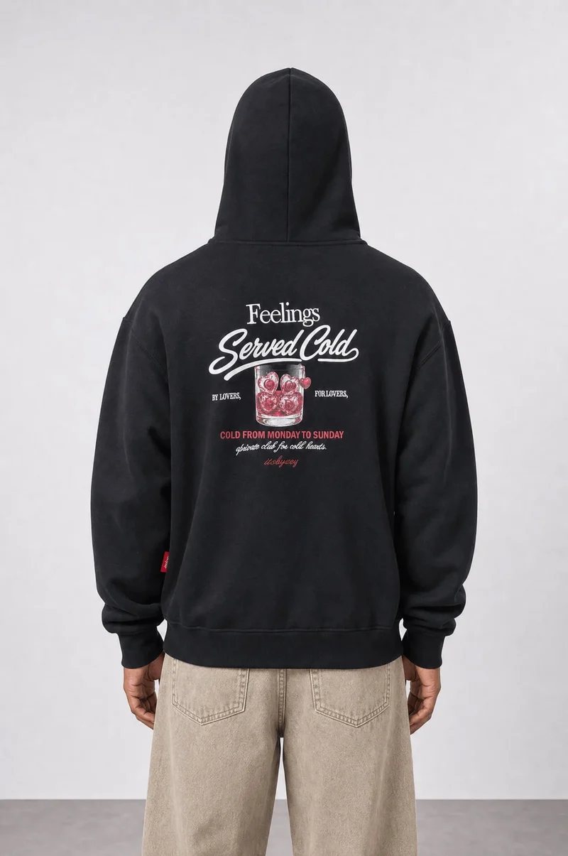 Men's Black Oversized Hoodie with "Served Cold" Print