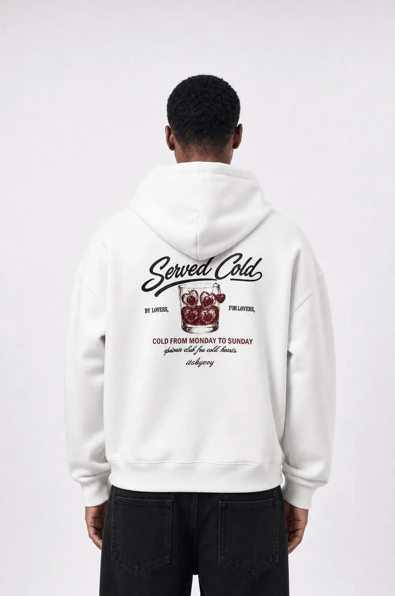 Men's Ecru Oversized Hoodie with "Served Cold" Print