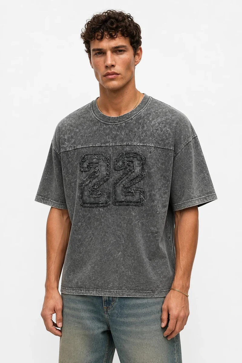 Men's 22 Embroidered Washed Oversize T-Shirt Siyah