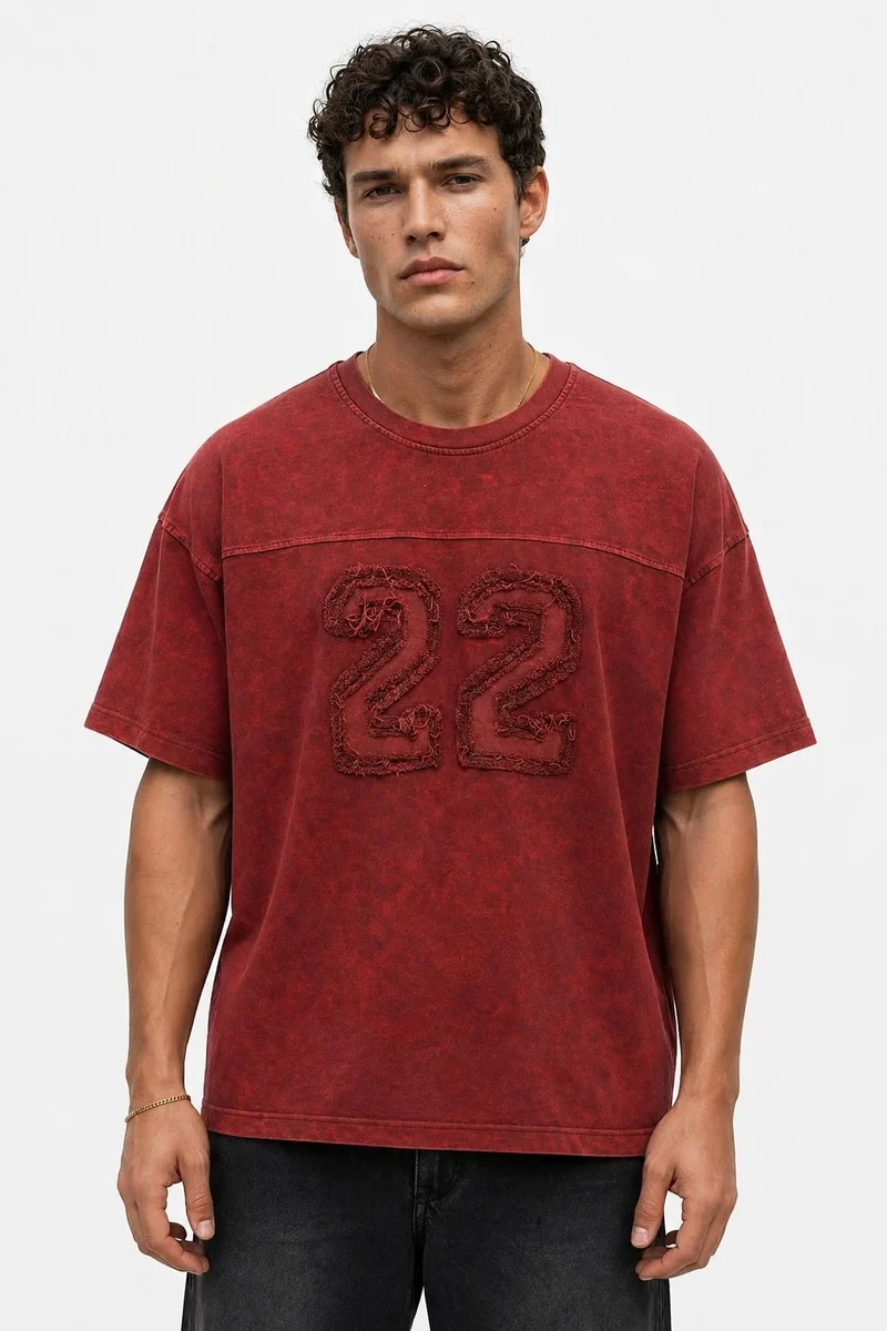Men's 22 Embroidered Washed Oversize T-Shirt Burgundy