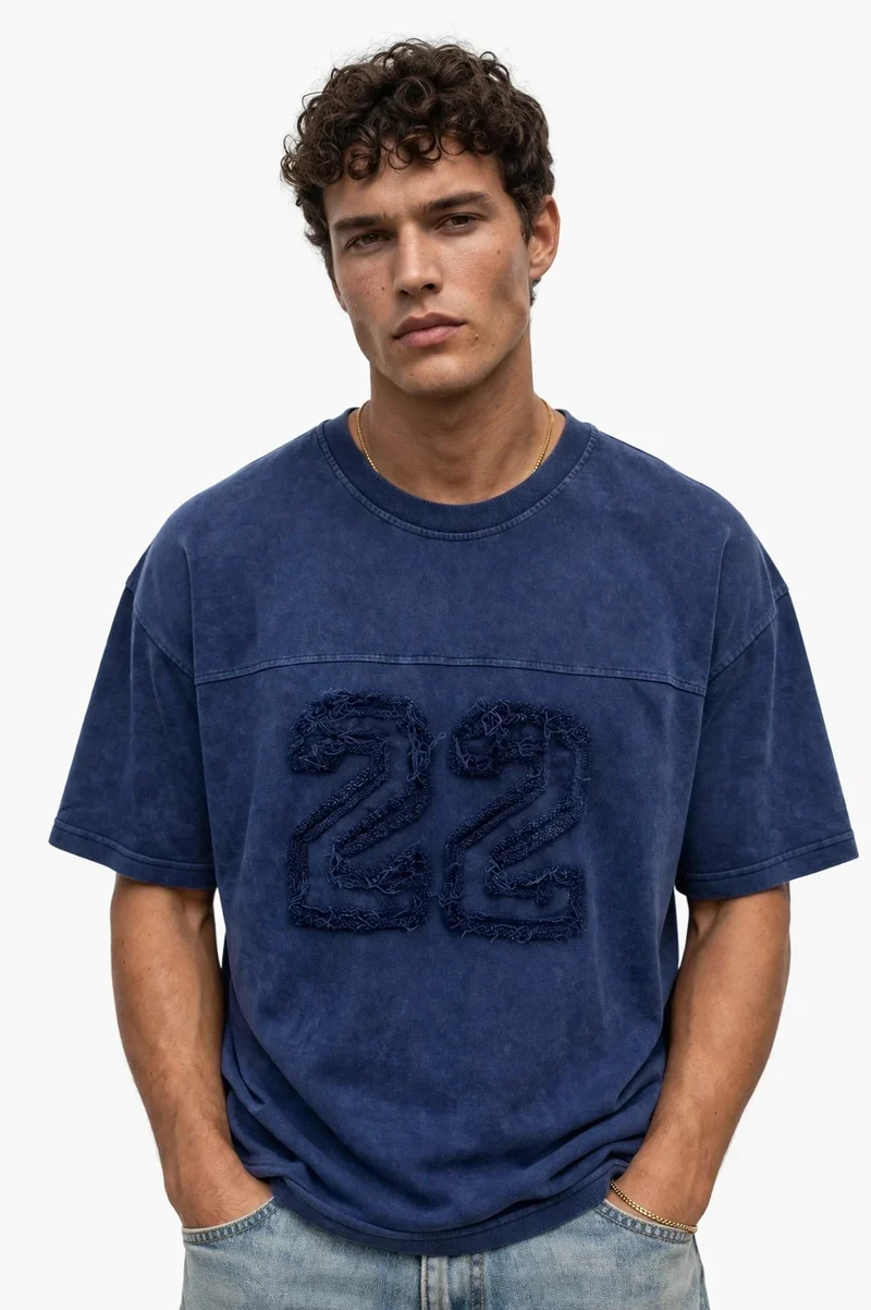 Men's 22 Embroidered Washed Oversize T-Shirt Navy Blue