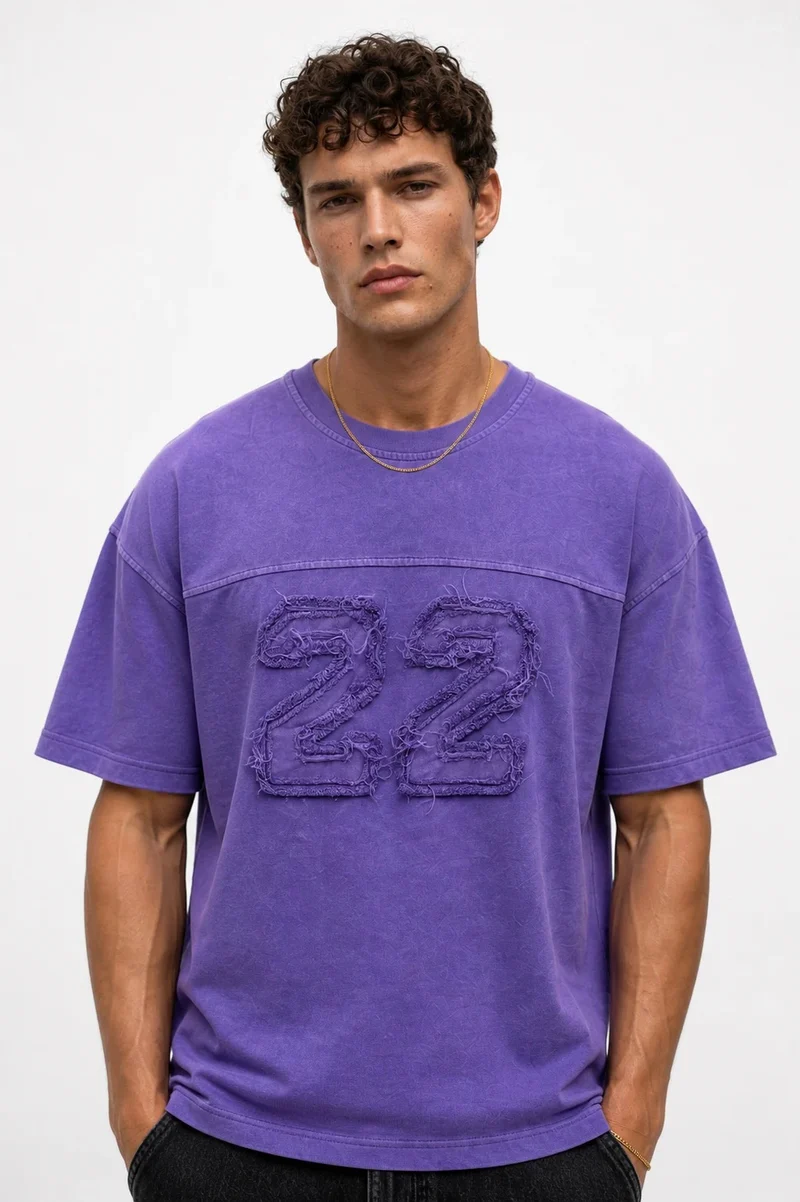 Men's 22 Embroidered Washed Oversize T-Shirt Purple