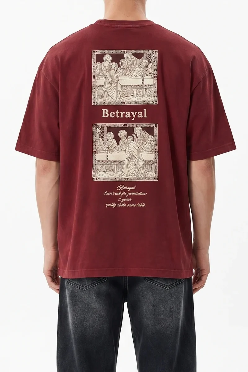 Boys' Betrayal Print Washed Oversize T-Shirt Burgundy