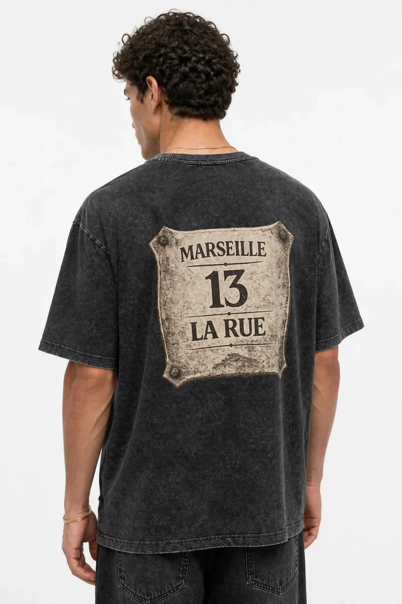 Men's Marseille Print Washed Oversize T-Shirt Black