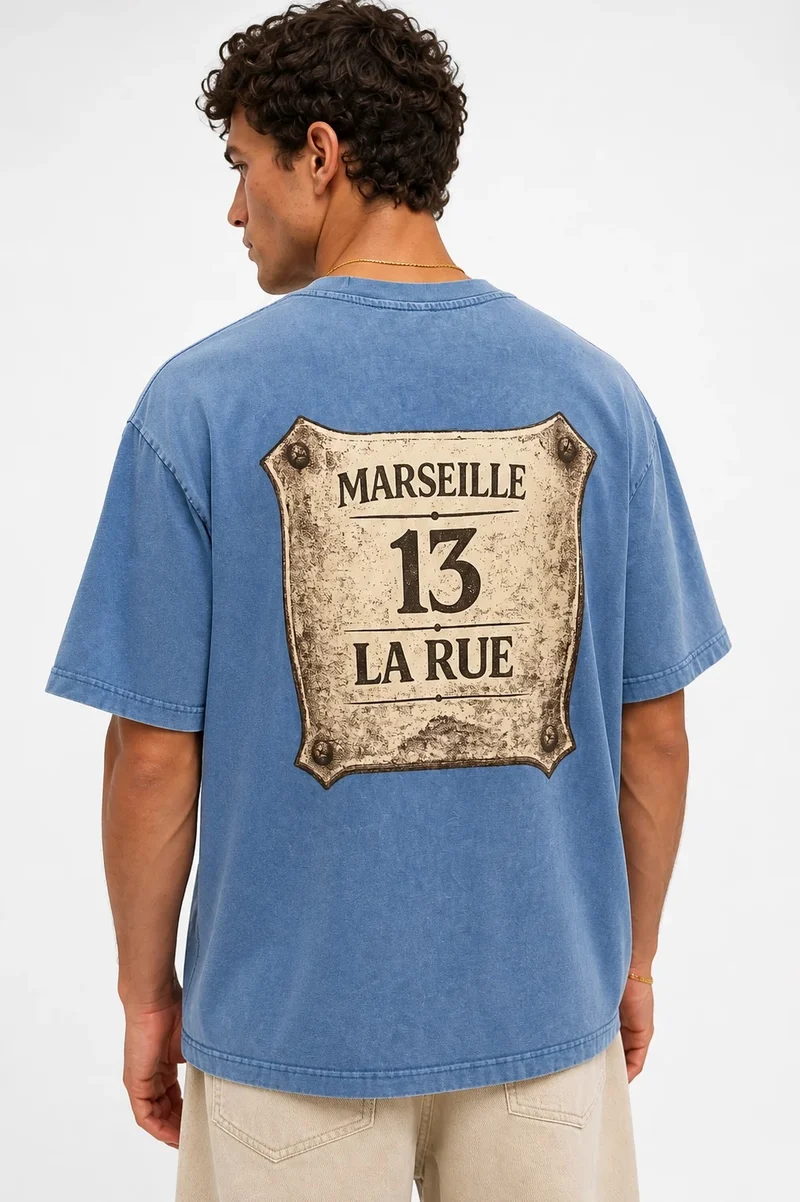 Men's Marseille Print Washed Oversize T-Shirt Baby Blue