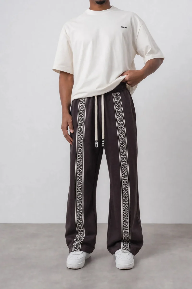 Men's Ethnic Detail Double Face Baggy Sweatpants Brown