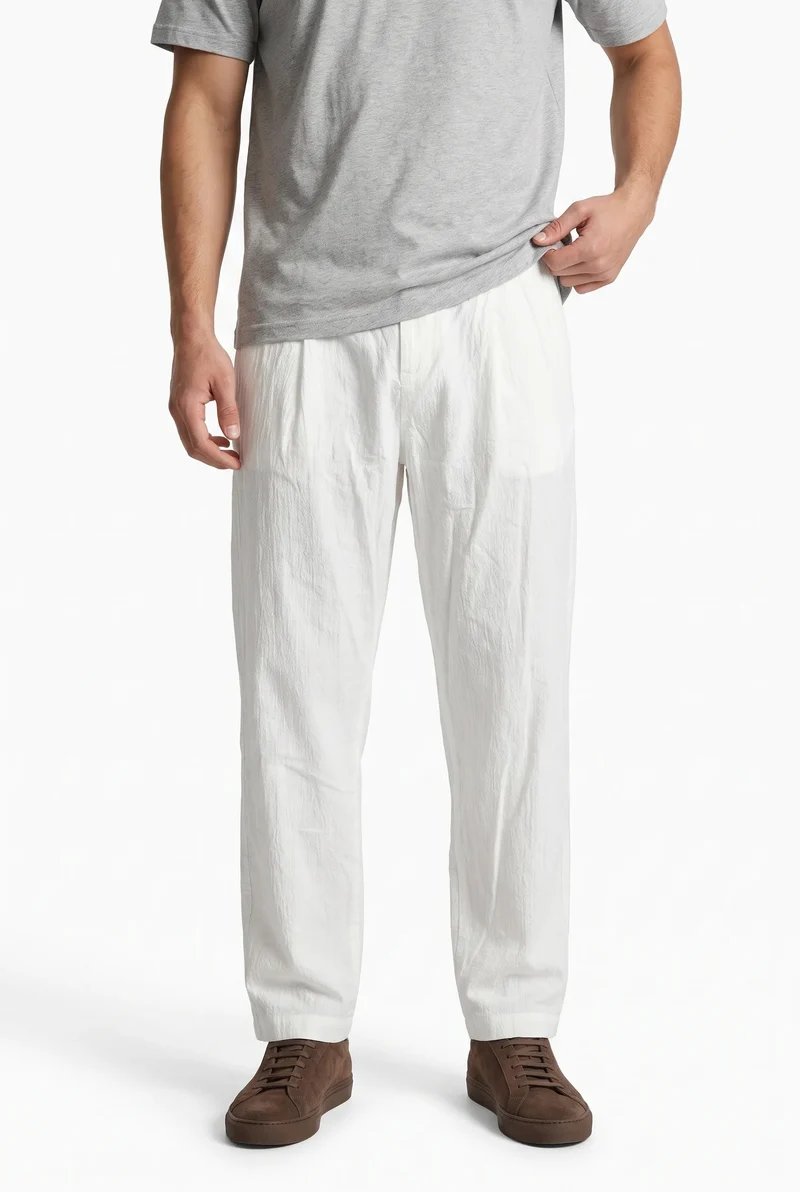 Men's Tencel Baggy Pants with Pleat Detail, Ecru