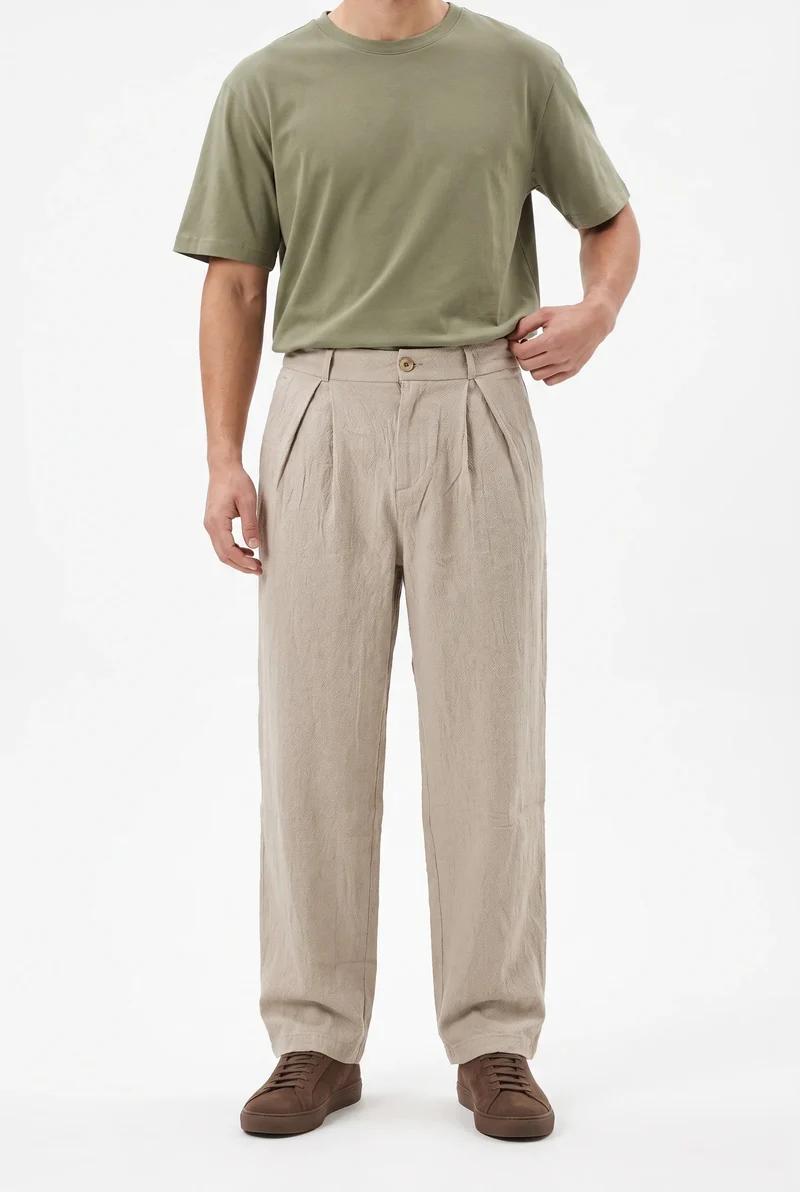 Men's Tencel Baggy Pants with Pleat Detail, Beige