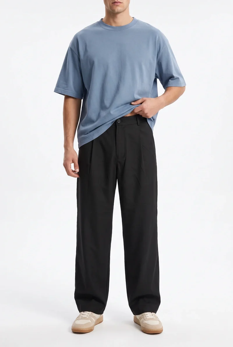 Men's Baggy Fabric Dress with Pleated Details, Black